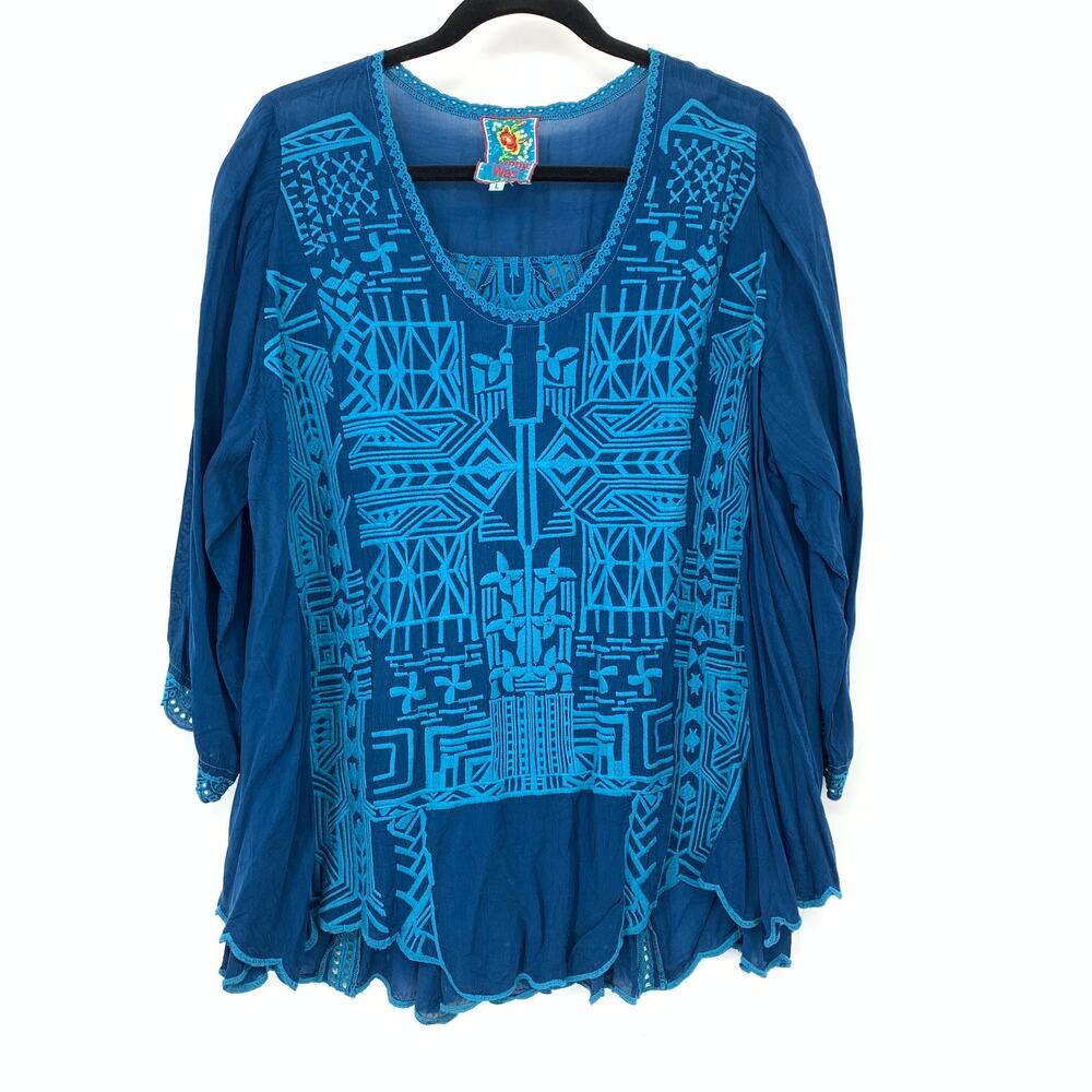 Johnny Was Tunic Top Womens Large Blue Turquoise Embroidered Boho 3/4 Sleeve